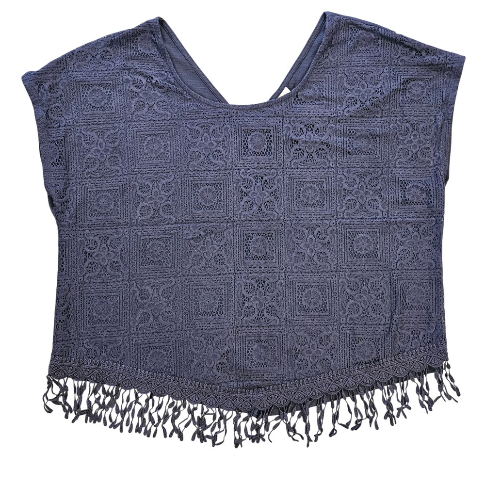 Cato Navy Blue Lace Fringe Hem Boho Top XL Short Sleeve V-Neck Geometric Overlay - Picture 10 of 10